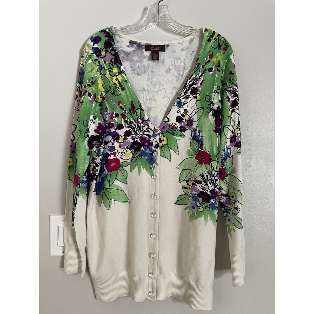Victor Alfaro Floral V-neck Cardigan Jewel Buttons Botanical Wildflowers Sz L